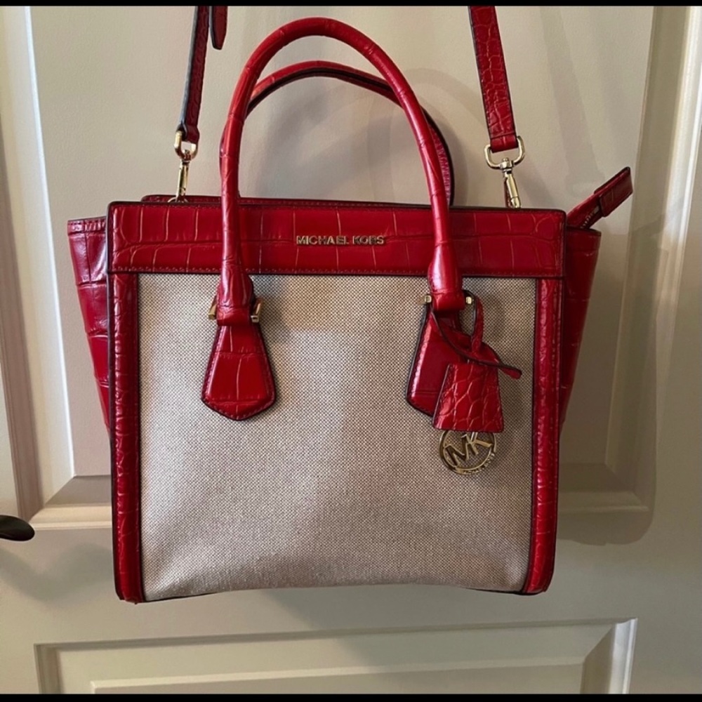 Michael Kor’s Handbag, Off White/Red Leather Trim